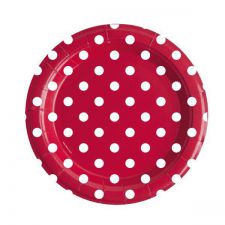 assiete ronde en carton rouge a pois blancs 23 cm 