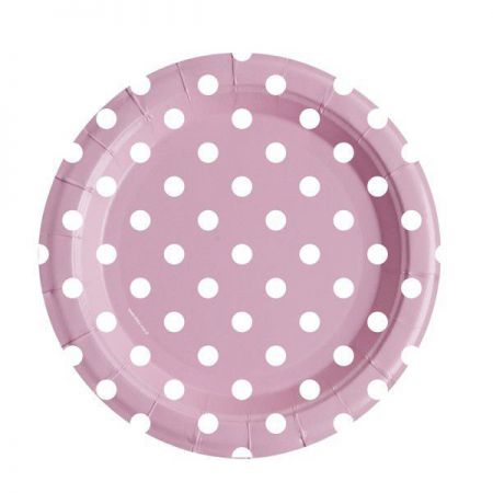 assiete ronde en carton rose a pois blancs 23 cm 